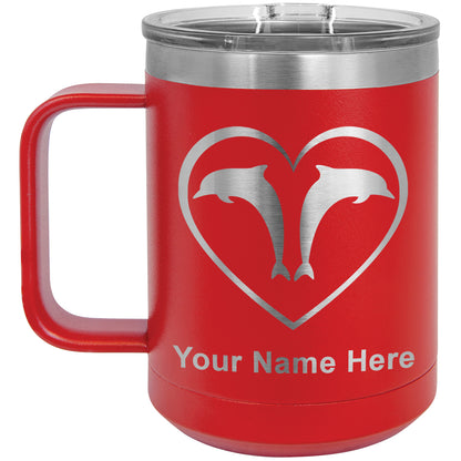 15oz Vacuum Insulated Coffee Mug, Dolphin Heart, Personalized Engraving Included