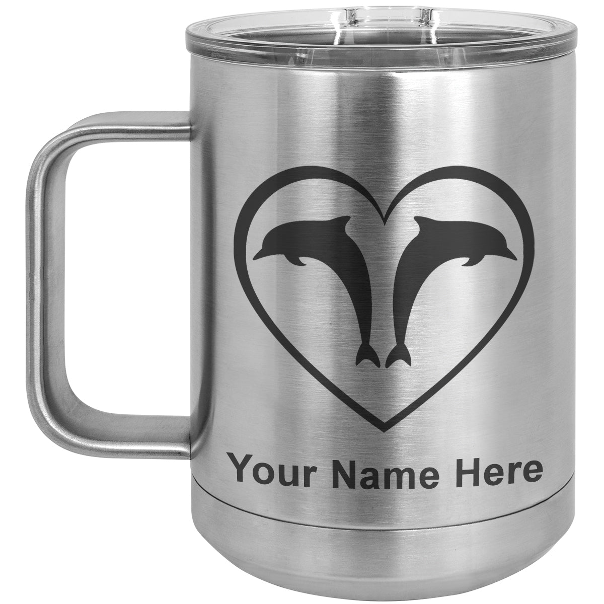 15oz Vacuum Insulated Coffee Mug, Dolphin Heart, Personalized Engraving Included