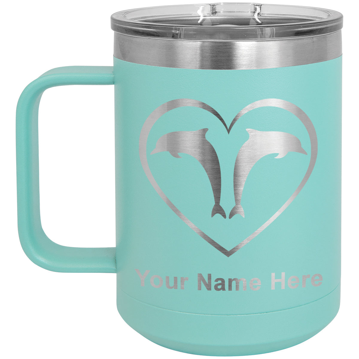 15oz Vacuum Insulated Coffee Mug, Dolphin Heart, Personalized Engraving Included