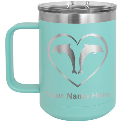 15oz Vacuum Insulated Coffee Mug, Dolphin Heart, Personalized Engraving Included