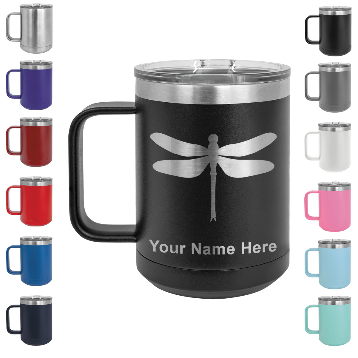 15oz Vacuum Insulated Coffee Mug, Dragonfly, Personalized Engraving Included