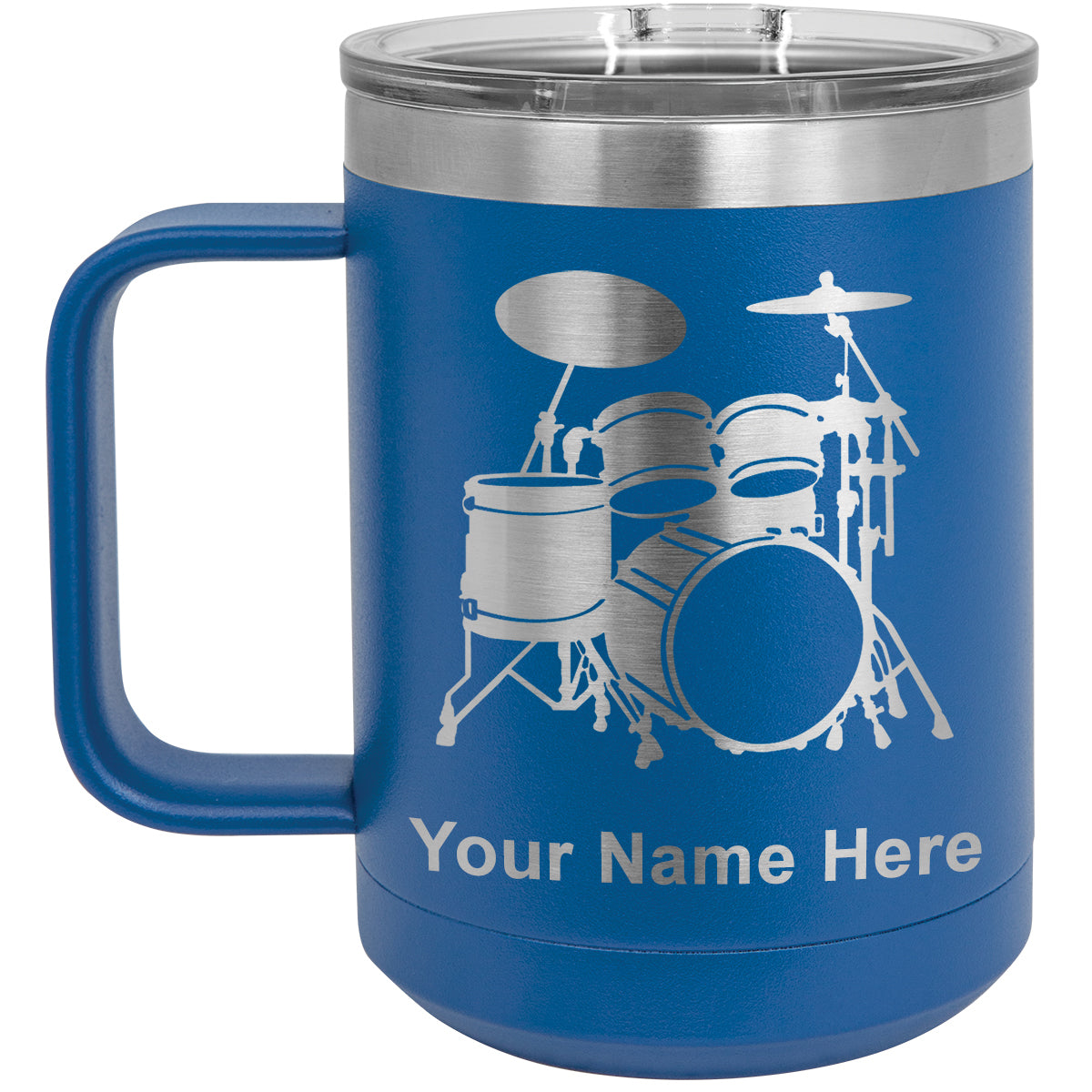 15oz Vacuum Insulated Coffee Mug, Drum Set, Personalized Engraving Included