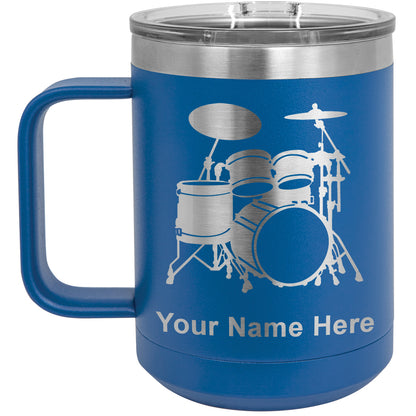 15oz Vacuum Insulated Coffee Mug, Drum Set, Personalized Engraving Included