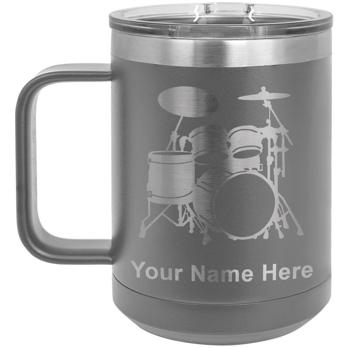 15oz Vacuum Insulated Coffee Mug, Drum Set, Personalized Engraving Included