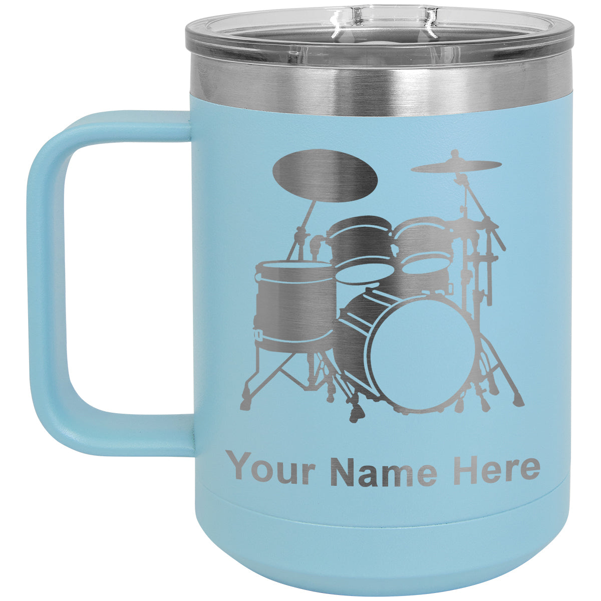 15oz Vacuum Insulated Coffee Mug, Drum Set, Personalized Engraving Included