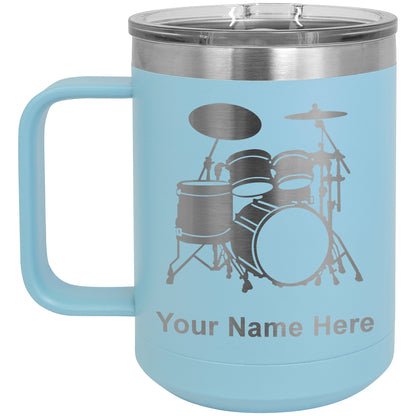 15oz Vacuum Insulated Coffee Mug, Drum Set, Personalized Engraving Included