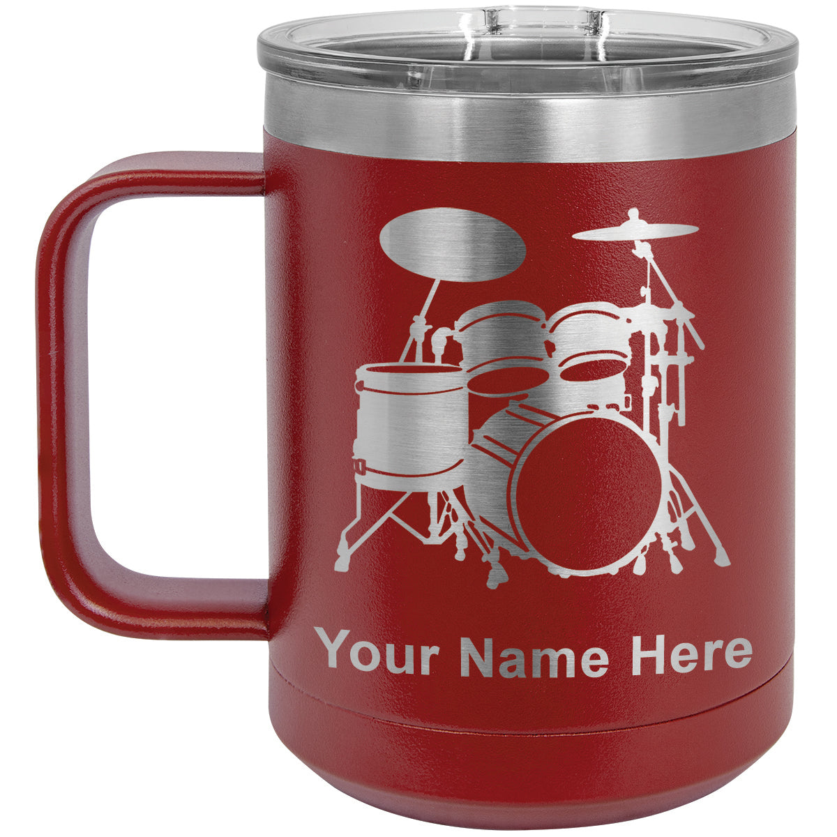 15oz Vacuum Insulated Coffee Mug, Drum Set, Personalized Engraving Included