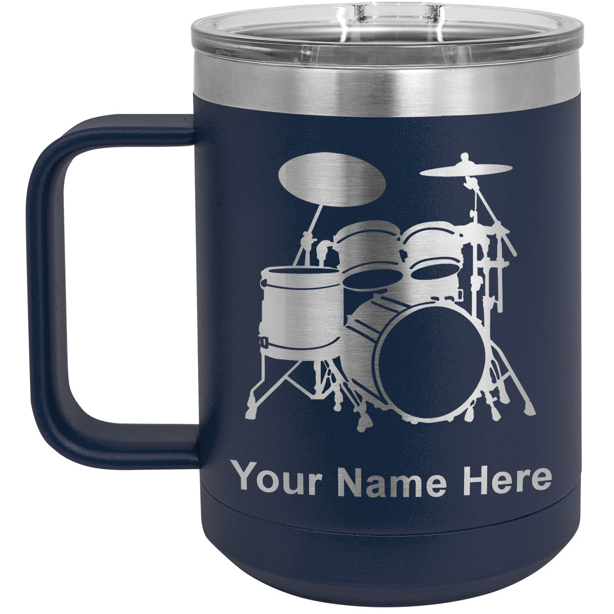 15oz Vacuum Insulated Coffee Mug, Drum Set, Personalized Engraving Included