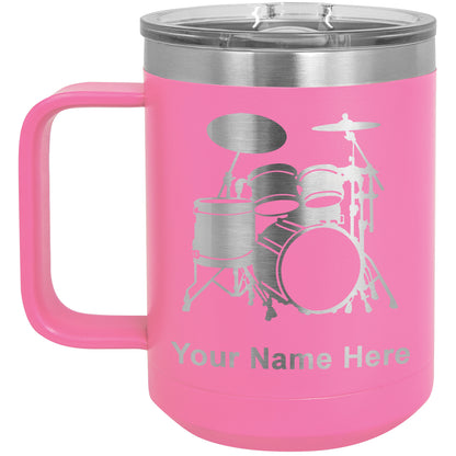 15oz Vacuum Insulated Coffee Mug, Drum Set, Personalized Engraving Included