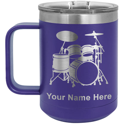15oz Vacuum Insulated Coffee Mug, Drum Set, Personalized Engraving Included