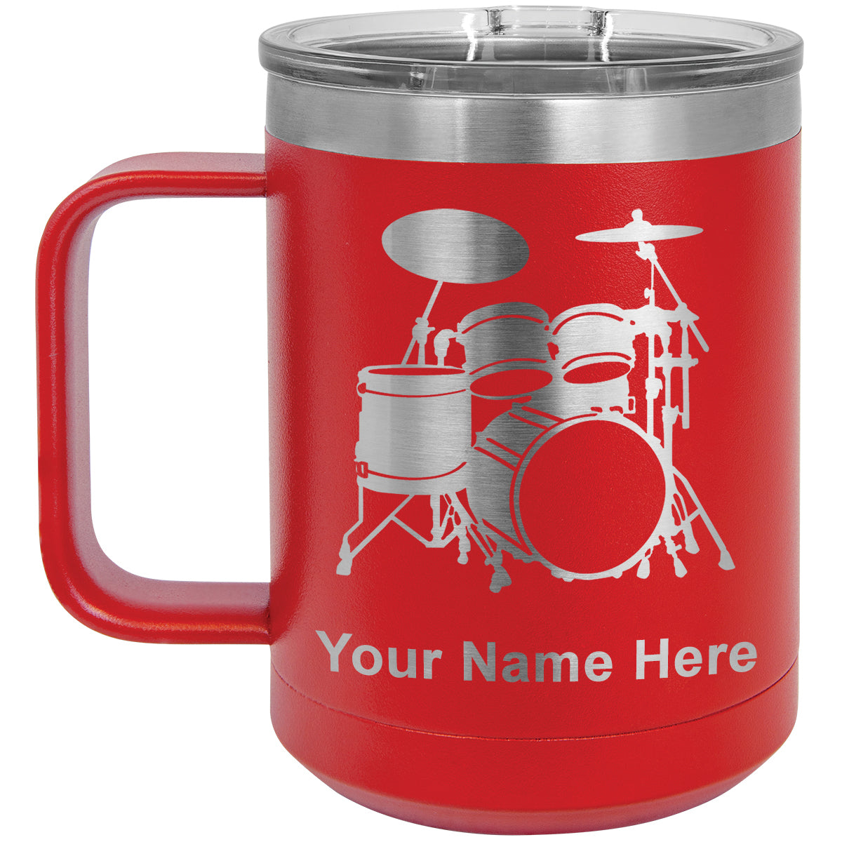 15oz Vacuum Insulated Coffee Mug, Drum Set, Personalized Engraving Included