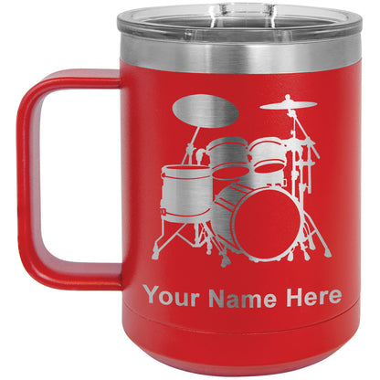 15oz Vacuum Insulated Coffee Mug, Drum Set, Personalized Engraving Included