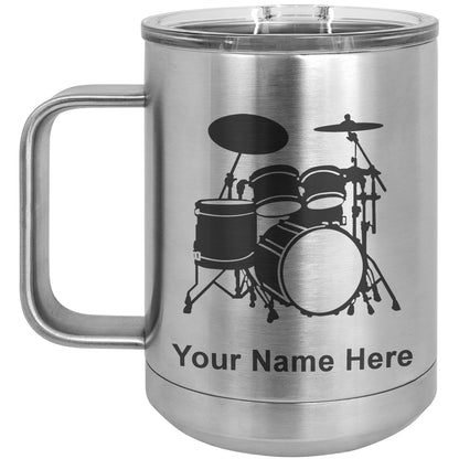 15oz Vacuum Insulated Coffee Mug, Drum Set, Personalized Engraving Included
