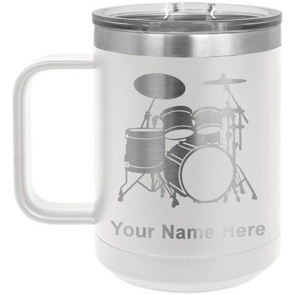 15oz Vacuum Insulated Coffee Mug, Drum Set, Personalized Engraving Included