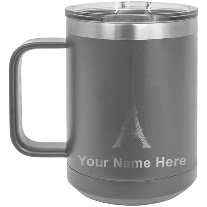 15oz Vacuum Insulated Coffee Mug, Eiffel Tower, Personalized Engraving Included