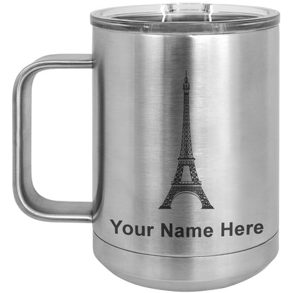 15oz Vacuum Insulated Coffee Mug, Eiffel Tower, Personalized Engraving Included