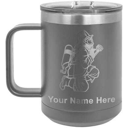 15oz Vacuum Insulated Coffee Mug, Fireman with Hose, Personalized Engraving Included