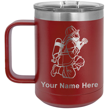 15oz Vacuum Insulated Coffee Mug, Fireman with Hose, Personalized Engraving Included