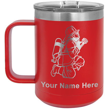 15oz Vacuum Insulated Coffee Mug, Fireman with Hose, Personalized Engraving Included