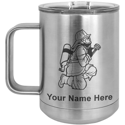 15oz Vacuum Insulated Coffee Mug, Fireman with Hose, Personalized Engraving Included