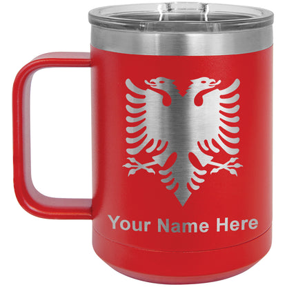 15oz Vacuum Insulated Coffee Mug, Flag of Albania, Personalized Engraving Included