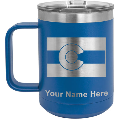15oz Vacuum Insulated Coffee Mug, Flag of Colorado, Personalized Engraving Included