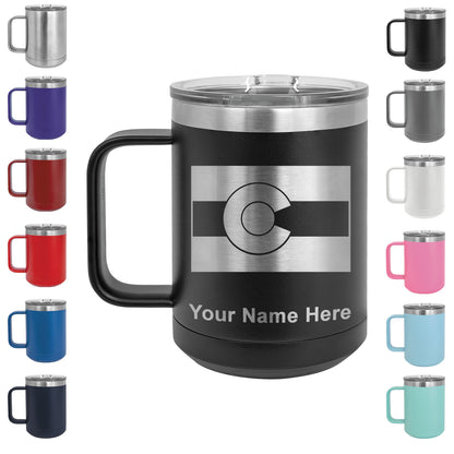 15oz Vacuum Insulated Coffee Mug, Flag of Colorado, Personalized Engraving Included