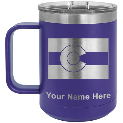 15oz Vacuum Insulated Coffee Mug, Flag of Colorado, Personalized Engraving Included