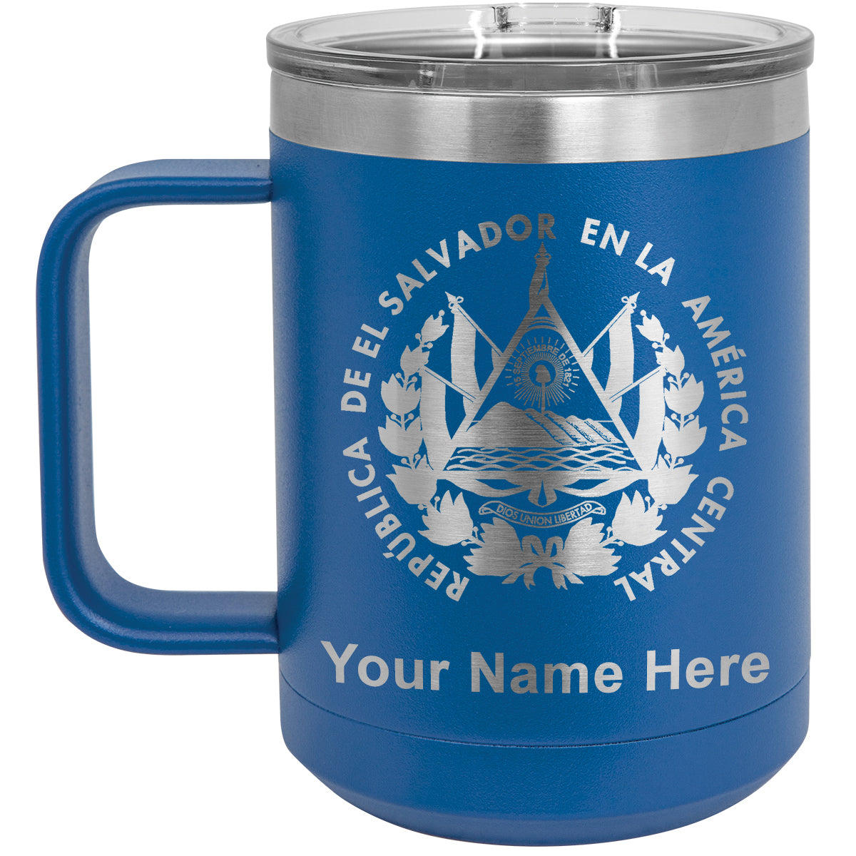 15oz Vacuum Insulated Coffee Mug, Flag of El Salvador, Personalized Engraving Included