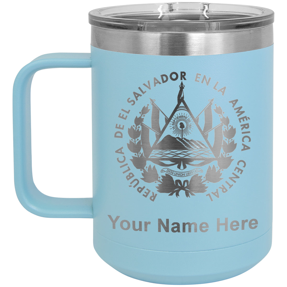 15oz Vacuum Insulated Coffee Mug, Flag of El Salvador, Personalized Engraving Included