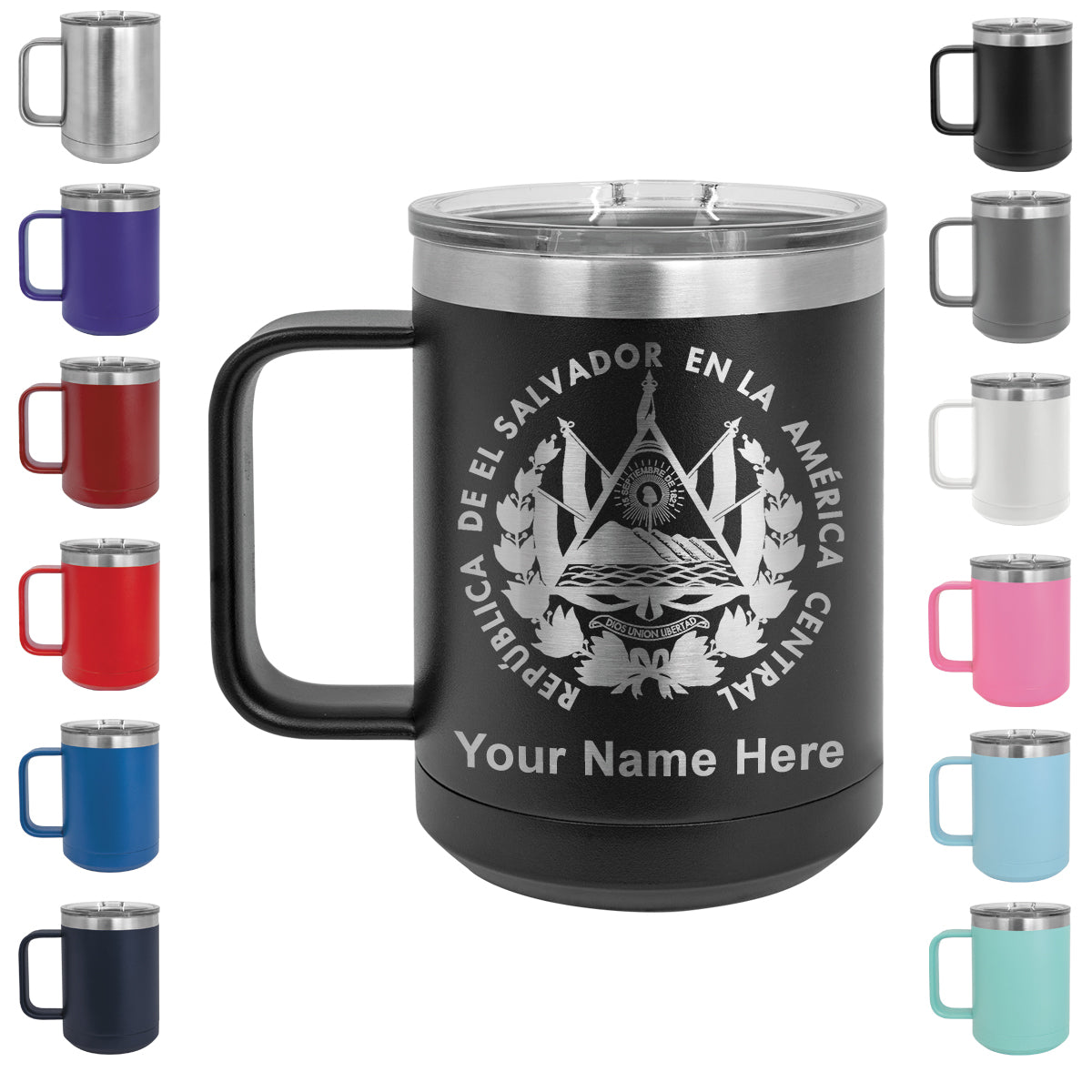 15oz Vacuum Insulated Coffee Mug, Flag of El Salvador, Personalized Engraving Included