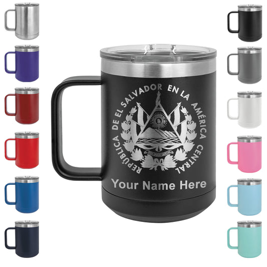15oz Vacuum Insulated Coffee Mug, Flag of El Salvador, Personalized Engraving Included