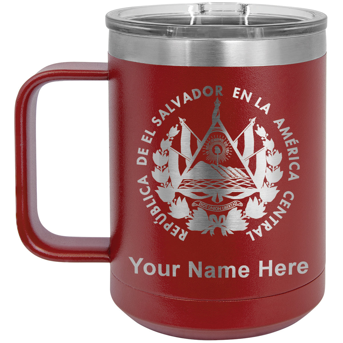 15oz Vacuum Insulated Coffee Mug, Flag of El Salvador, Personalized Engraving Included