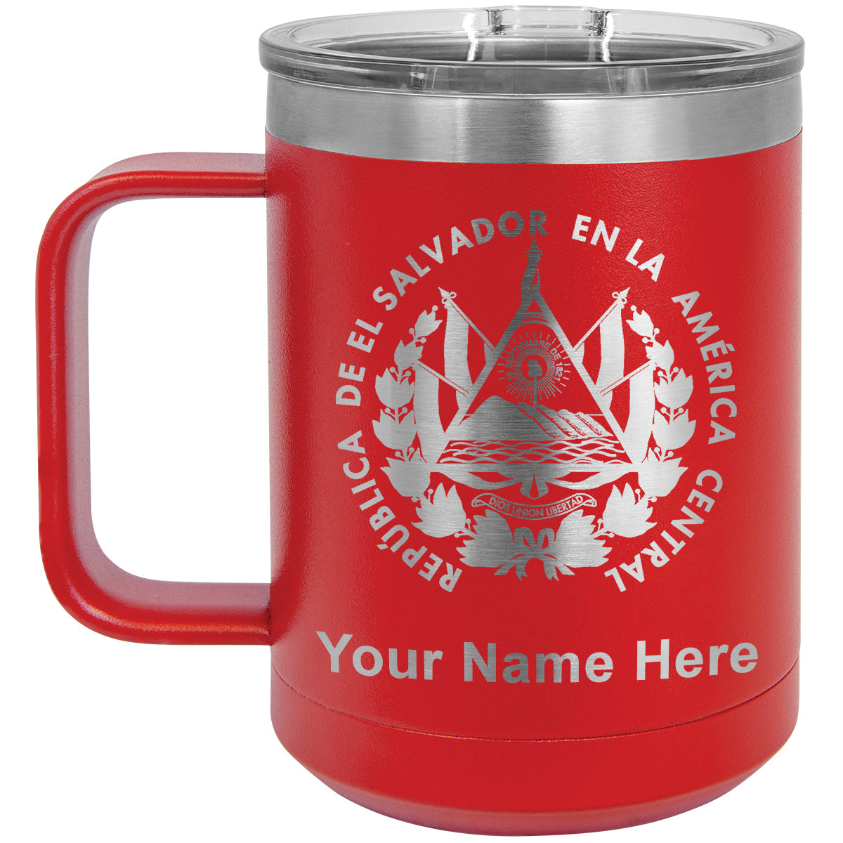 15oz Vacuum Insulated Coffee Mug, Flag of El Salvador, Personalized Engraving Included