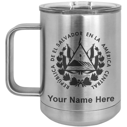 15oz Vacuum Insulated Coffee Mug, Flag of El Salvador, Personalized Engraving Included