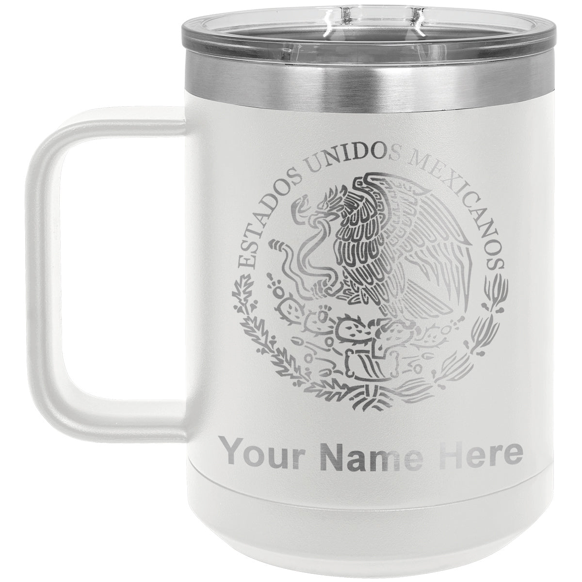 15oz Vacuum Insulated Coffee Mug, Flag of Mexico, Personalized Engraving Included