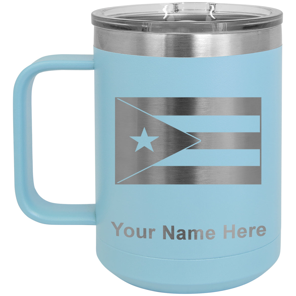 15oz Vacuum Insulated Coffee Mug, Flag of Puerto Rico, Personalized Engraving Included