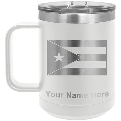 15oz Vacuum Insulated Coffee Mug, Flag of Puerto Rico, Personalized Engraving Included