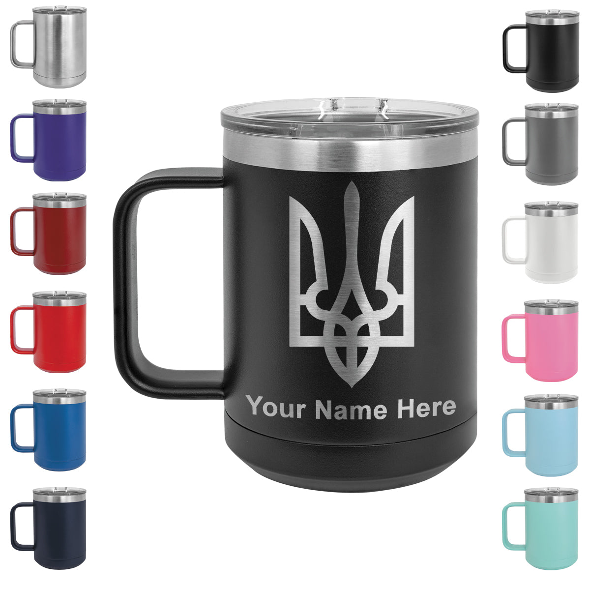 15oz Vacuum Insulated Coffee Mug, Flag of Ukraine, Personalized Engraving Included