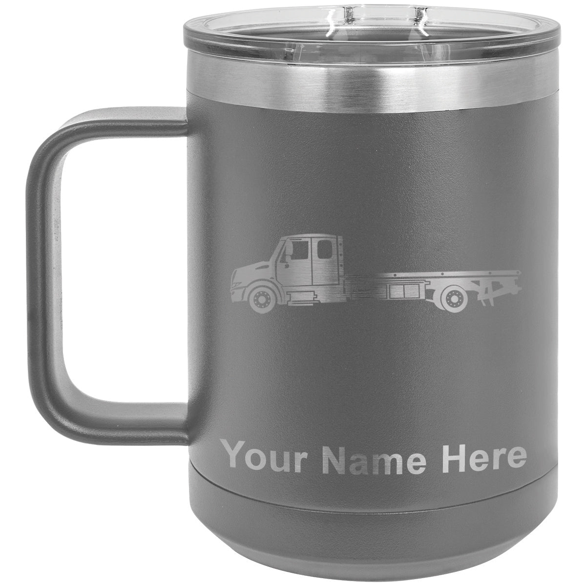 15oz Vacuum Insulated Coffee Mug, Flat Bed Tow Truck, Personalized Engraving Included