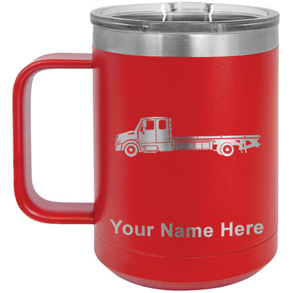 15oz Vacuum Insulated Coffee Mug, Flat Bed Tow Truck, Personalized Engraving Included