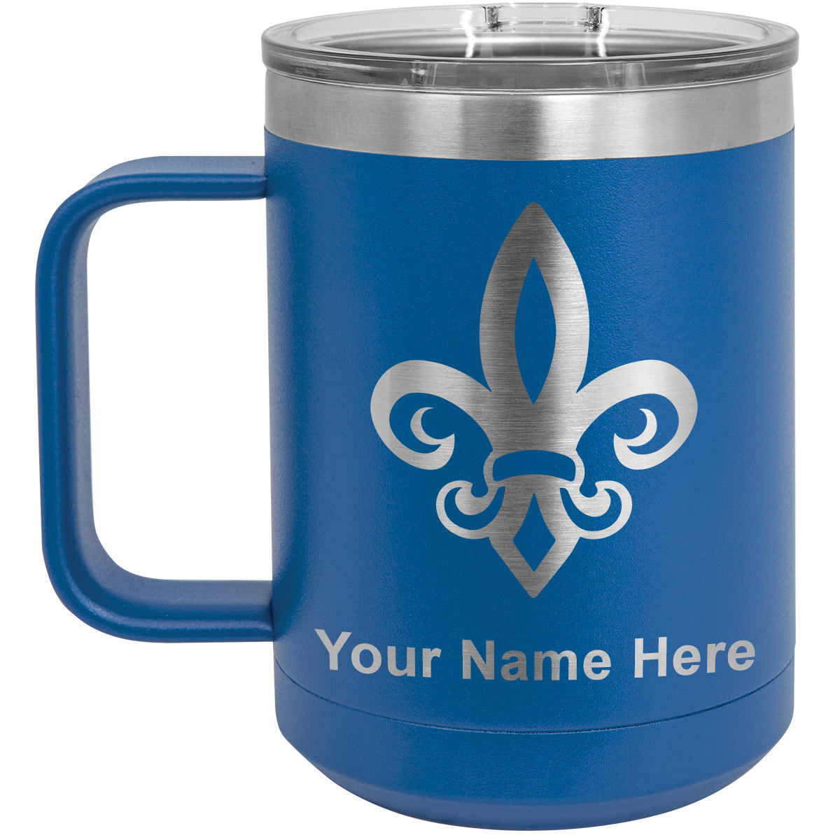 15oz Vacuum Insulated Coffee Mug, Fleur de Lis, Personalized Engraving Included