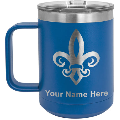 15oz Vacuum Insulated Coffee Mug, Fleur de Lis, Personalized Engraving Included