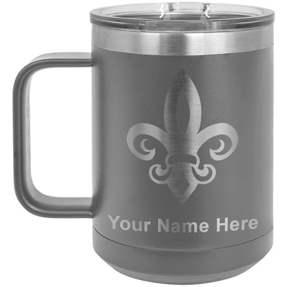 15oz Vacuum Insulated Coffee Mug, Fleur de Lis, Personalized Engraving Included