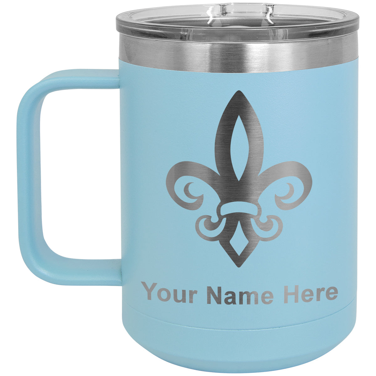 15oz Vacuum Insulated Coffee Mug, Fleur de Lis, Personalized Engraving Included