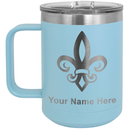 15oz Vacuum Insulated Coffee Mug, Fleur de Lis, Personalized Engraving Included