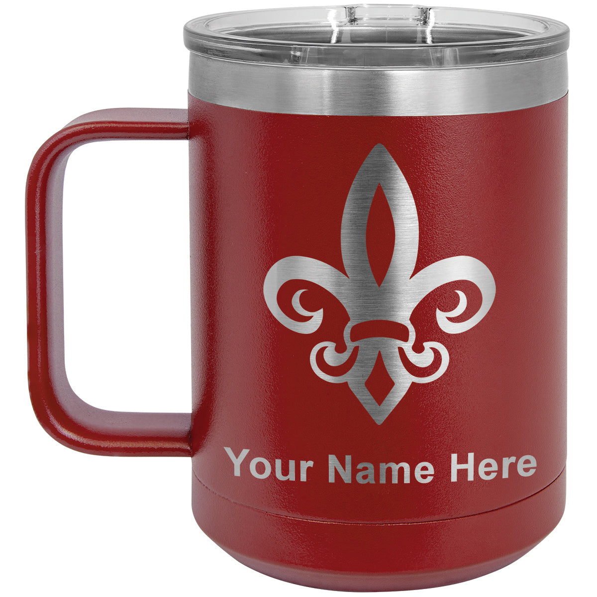 15oz Vacuum Insulated Coffee Mug, Fleur de Lis, Personalized Engraving Included