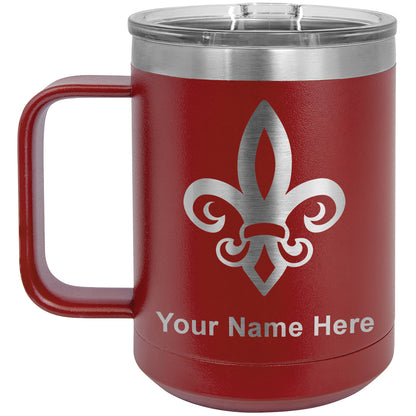 15oz Vacuum Insulated Coffee Mug, Fleur de Lis, Personalized Engraving Included
