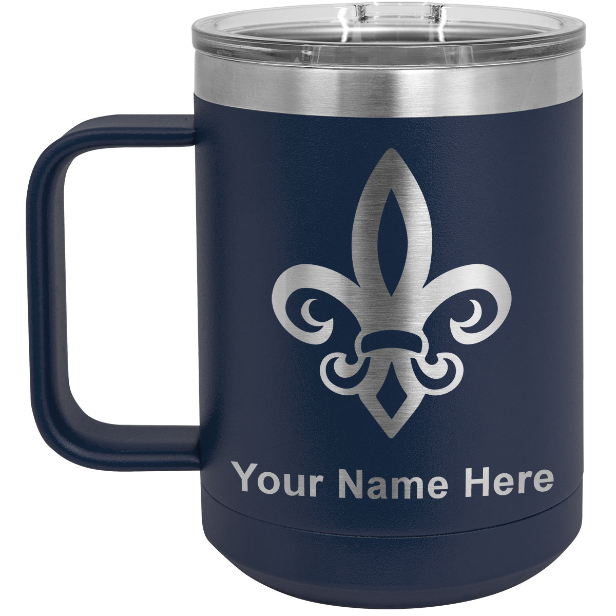 15oz Vacuum Insulated Coffee Mug, Fleur de Lis, Personalized Engraving Included