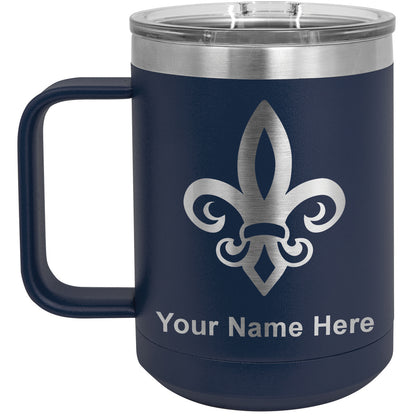 15oz Vacuum Insulated Coffee Mug, Fleur de Lis, Personalized Engraving Included